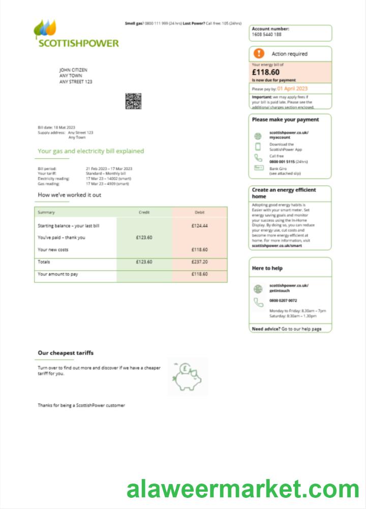 United Kingdom Scottish Power utility bill Word and PDF template scr
